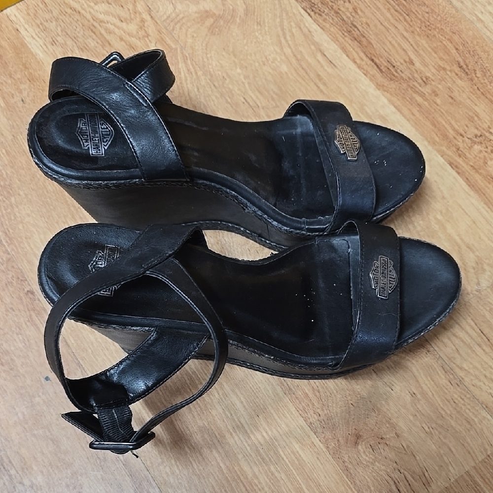 Harley-Davidson Black Wedge Sandals with Ankle Strap